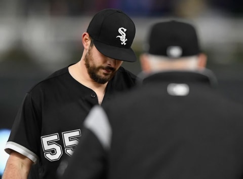 MINNEAPOLIS, MN – SEPTEMBER 29: Carlos Rodon #55 of the Chicago White Sox reacts as manager Rick Renteria #17 walks to mound to pull him from the game against the Minnesota Twins during the second inning on September 29, 2018 at Target Field in Minneapolis, Minnesota. (Photo by Hannah Foslien/Getty Images)