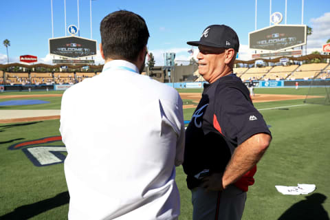 General manager Alex Anthopoulos and manager Brian Snitker #43 of the Atlanta Braves. (Photo by Sean M. Haffey/Getty Images)