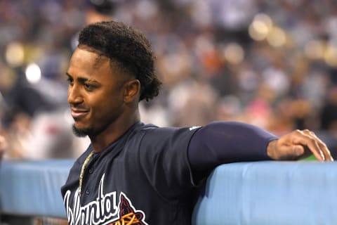 LOS ANGELES, CA – OCTOBER 04: Ozzzie Albies #1 of the Atlanta Braves looks on against the Los Angeles Dodgers during Game One of the National League Division Series at Dodger Stadium on October 4, 2018 in Los Angeles, California. (Photo by Harry How/Getty Images)