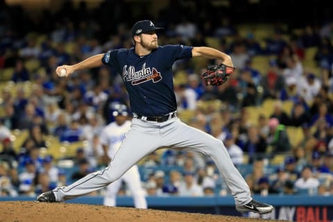 LOS ANGELES, CA – OCTOBER 04: Chad Sobbotka #61 of the Atlanta Braves delivers the pitch against the Los Angeles Dodgers during Game One of the National League Division Series at Dodger Stadium on October 4, 2018 in Los Angeles, California. (Photo by Sean M. Haffey/Getty Images)