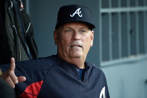 LOS ANGELES, CA – OCTOBER 05: Brian  Snitker #43 of the Atlanta Braves looks on during bullpen prior to Game Two of the National League Division Series against the Los Angeles Dodgers at Dodger Stadium on October 5, 2018 in Los Angeles, California. (Photo by Kevork Djansezian/Getty Images)