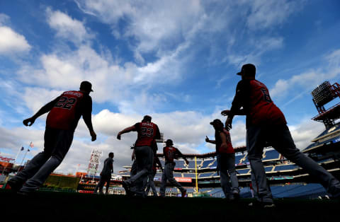 Nick Markakis #22, Adam Duvall #23 and Preston Tucker #8 of the Atlanta Braves. (Photo by Rich Schultz/Getty Images)