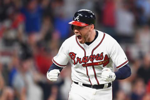 ATLANTA, GA – OCTOBER 07: Freddie Freeman #5 of the Atlanta Braves reacts after hitting a solo home run on October 7, 2018 in Atlanta, Georgia. (Photo by Scott Cunningham/Getty Images)