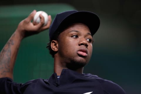 NAGOYA, JAPAN – NOVEMBER 14: Outfielder Ronald Acuna Jr. #13 of the Atlanta Braves warms up prior to the game five between Japan and MLB All Stars at Nagoya Dome on November 14, 2018 in Nagoya, Aichi, Japan. (Photo by Kiyoshi Ota/Getty Images)