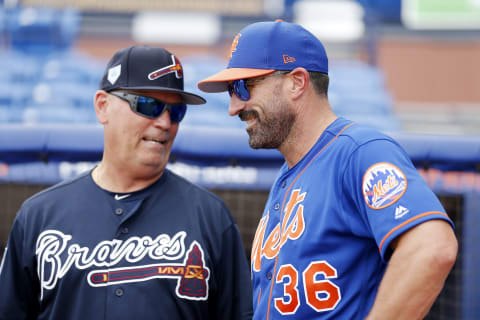 PORT ST. LUCIE, FLORIDA – FEBRUARY 23: Brian Snitker #43 of the Atlanta Braves talks with Mickey Callaway #36 of the New York Mets prior to the Grapefruit League spring training game at First Data Field on February 23, 2019 in Port St. Lucie, Florida. (Photo by Michael Reaves/Getty Images)