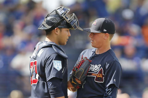 PORT ST. LUCIE, FLORIDA – FEBRUARY 23: Alex Jackson #70 of the Atlanta Braves talks with Kolby Allard #36 against the New York Mets at First Data Field on February 23, 2019 in Port St. Lucie, Florida. (Photo by Michael Reaves/Getty Images)