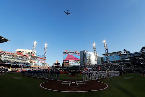 ATLANTA, GEORGIA – APRIL 01: A general view of the flyover during the National Anthem prior to the game between the Atlanta Braves and the Chicago Cubs on April 01, 2019 in Atlanta, Georgia. (Photo by Kevin C. Cox/Getty Images)