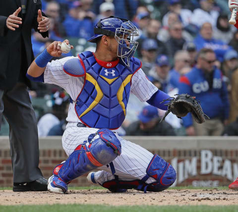 CHICAGO, ILLINOIS – APRIL 12: Willson  Contreras #40 of the Chicago Cubsthrows to the pitcher against the Los Angeles Angels at Wrigley Field on April 12, 2019 in Chicago, Illinois. (Photo by Jonathan Daniel/Getty Images)