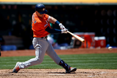 OAKLAND, CA – JUNE 02: Alex Bregman #2 of the Houston Astros hits an RBI single against the Oakland Athletics during the fifth inning at the Oakland Coliseum on June 2, 2019 in Oakland, California. (Photo by Jason O. Watson/Getty Images)