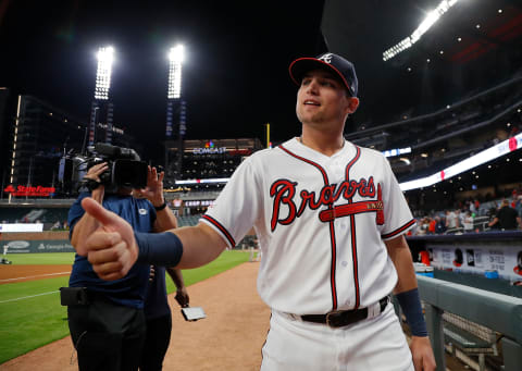 ATLANTA, GEORGIA – MAY 15: Austin Riley #27 of the Atlanta Braves is interviewed after his MLB debut in their 4-0 win over the St. Louis Cardinals at SunTrust Park on May 15, 2019 in Atlanta, Georgia. (Photo by Kevin C. Cox/Getty Images)