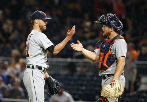 PITTSBURGH, PA – JUNE 18: Shane Greene celebrates with C John Hicks after defeating the Pittsburgh Pirates after inter-league play at PNC Park on June 18, 2019. (Photo by Justin K. Aller/Getty Images)