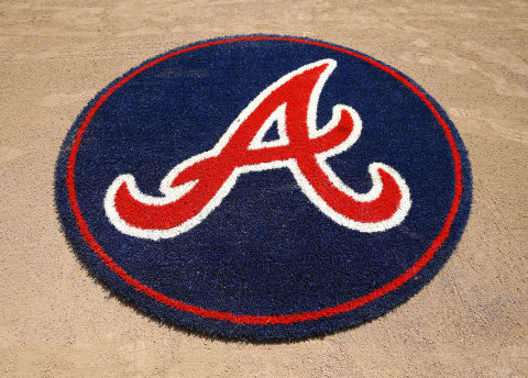 General view of the Atlanta Braves on-deck circle mat. (Photo by Mike Zarrilli/Getty Images)