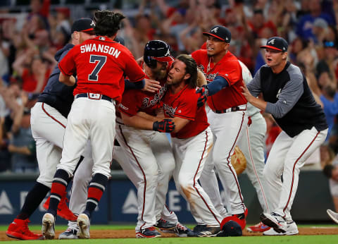 ATLANTA, GEORGIA – JUNE 14: Brian McCann #16 of the Atlanta Braves reacts after hitting a walk-off single to score two runs to give the Braves a 9-8 win over the Philadelphia Phillies at SunTrust Park on June 14, 2019 in Atlanta, Georgia. (Photo by Kevin C. Cox/Getty Images)