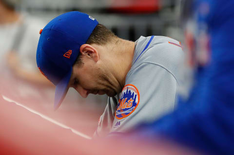 ATLANTA, GEORGIA – JUNE 18: Jacob  deGrom #48 of the New York Mets reacts from being pulled after giving up two solo homers to the Atlanta Braves in the ninth inning on June 18, 2019 in Atlanta, Georgia. (Photo by Kevin C. Cox/Getty Images)