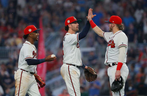 Ozzie Albies #1, Dansby Swanson #7 and Josh Donaldson #20 of the Atlanta Braves. (Photo by Kevin C. Cox/Getty Images)