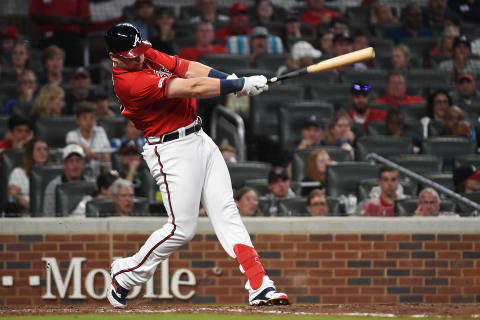 Austin Riley bats in the 7th inning against the Miami Marlins at SunTrust Park on July 05, 2019. (Photo credit by Logan Riely via Getty Images)