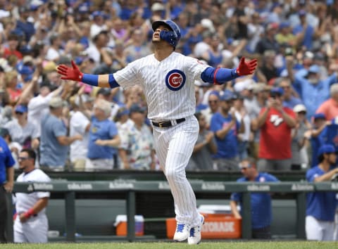 CHICAGO, ILLINOIS – JULY 13: Willson  Contreras #40 of the Chicago Cubs reacts after hitting a three run home run in the first inning against the Pittsburgh Pirates at Wrigley Field on July 13, 2019 in Chicago, Illinois. (Photo by Quinn Harris/Getty Images)