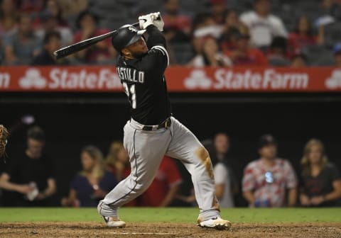 ANAHEIM, CA – AUGUST 15: Welington Castillo #21 of the Chicago White Sox hits a home run against the Los Angeles Angels in the ninth inning at Angel Stadium of Anaheim on August 15, 2019 in Anaheim, California. Angles went on to win 8-7. (Photo by John McCoy/Getty Images)