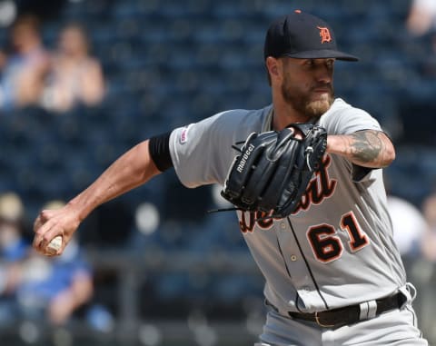 KANSAS CITY, MISSOURI – JULY 14: Relief pitcher Shane  Greene #61 of the Detroit Tigers throws in the ninth inning against the Kansas City Royals at Kauffman Stadium on July 14, 2019 in Kansas City, Missouri. (Photo by Ed Zurga/Getty Images)