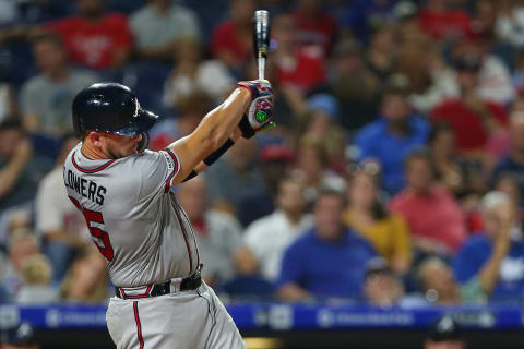 PHILADELPHIA, PA – SEPTEMBER 11: Tyler Flowers #25 of the Atlanta Braves hits a three-run home run against the Philadelphia Phillies during the fourth inning of a game at Citizens Bank Park on September 11, 2019 in Philadelphia, Pennsylvania. (Photo by Rich Schultz/Getty Images)