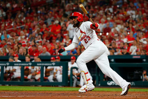 ST LOUIS, MO – SEPTEMBER 16: Marcell Ozuna #23 of the St. Louis Cardinals drives in two runs with a ground-rule double against the Washington Nationals in the seventh inning at Busch Stadium on September 16, 2019 in St Louis, Missouri. (Photo by Dilip Vishwanat/Getty Images)