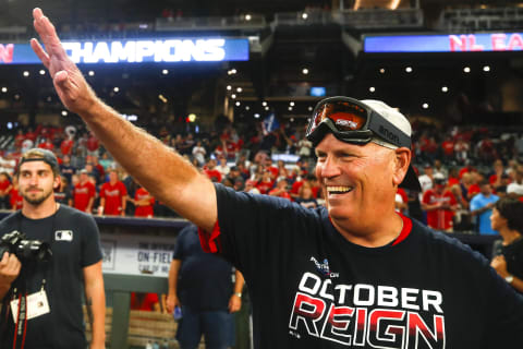 ATLANTA, GA – SEP 20: Manager Brian  Snitker waves at the conclusion of an MLB game against the San Francisco Giants in which they clinched the N.L. East at SunTrust Park on September 20, 2019 in Atlanta, Georgia. (Photo by Todd Kirkland/Getty Images)