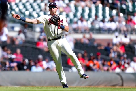 Austin Riley makes a throw to first base during the sixth inning of the game against the San Francisco Giants at SunTrust Park on September 22, 2019. (Photo credit by Carmen Mandato via Getty Images)