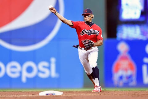 CLEVELAND, OHIO – SEPTEMBER 20: Shortstop Francisco  Lindor #12 of the Cleveland Indians throws out Maikel  Franco #7 of the Philadelphia Phillies at first during the third inning at Progressive Field on September 20, 2019 in Cleveland, Ohio. (Photo by Jason Miller/Getty Images)