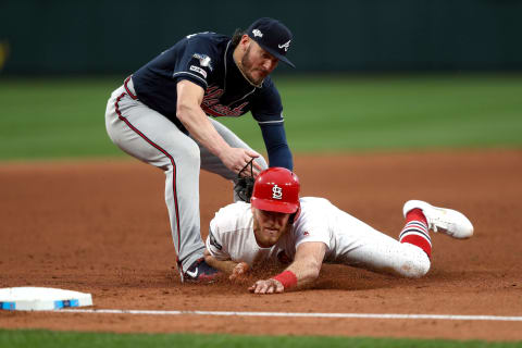 ST LOUIS, MISSOURI – OCTOBER 06: Harrison Bader #48 of the St. Louis Cardinals is caught stealing by Josh Donaldson #20 of the Atlanta Braves during the eighth inning in game three of the National League Division Series at Busch Stadium on October 06, 2019 in St Louis, Missouri. (Photo by Jamie Squire/Getty Images)