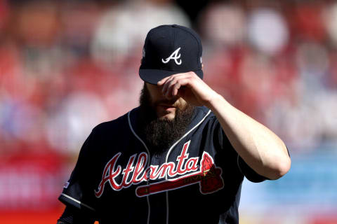 ST LOUIS, MISSOURI – OCTOBER 07: Dallas Keuchel #60 of the Atlanta Braves is taken out of the game against the St. Louis Cardinals during the fourth inning in game four of the National League Division Series at Busch Stadium on October 07, 2019 in St Louis, Missouri. (Photo by Jamie Squire/Getty Images)