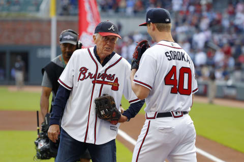 ATLANTA, GEORGIA – OCTOBER 09: Phil Niekro shakes hands with Mike Soroka #40 of the Atlanta Braves (Photo by Kevin C. Cox/Getty Images)