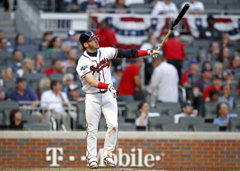 ATLANTA, GEORGIA – OCTOBER 09: Josh  Donaldson #20 of the Atlanta Braves hits a solo home run against the St. Louis Cardinals during the fourth inning in game five of the National League Division Series at SunTrust Park on October 09, 2019 in Atlanta, Georgia. (Photo by Todd Kirkland/Getty Images)