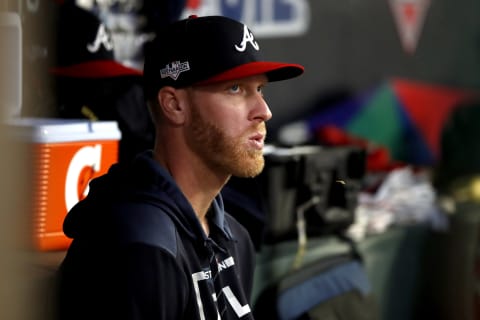 Mike Foltynewicz looks on against the St. Louis Cardinals during the sixth inning in game five of the National League Division Series at SunTrust Park on October 09, 2019. (Photo credit by Todd Kirkland via Getty Images)