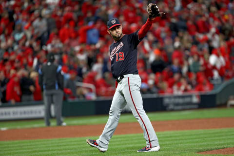 ST LOUIS, MISSOURI – OCTOBER 11: Anibal  Sanchez #19 of the Washington Nationals acknowledges Jose Martinez (not pictured) of the St. Louis Cardinals who singled to secure the first base hit of the game for his team during the eighth inning in game one of the National League Championship Series at Busch Stadium on October 11, 2019 in St Louis, Missouri. (Photo by Jamie Squire/Getty Images)