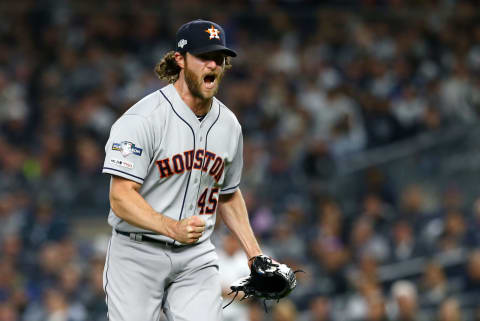 NEW YORK, NEW YORK – OCTOBER 15: Gerrit  Cole #45 of the Houston Astros celebrates retiring the side during the sixth inning against the New York Yankees in game three of the American League Championship Series at Yankee Stadium on October 15, 2019 in New York City. (Photo by Mike Stobe/Getty Images)