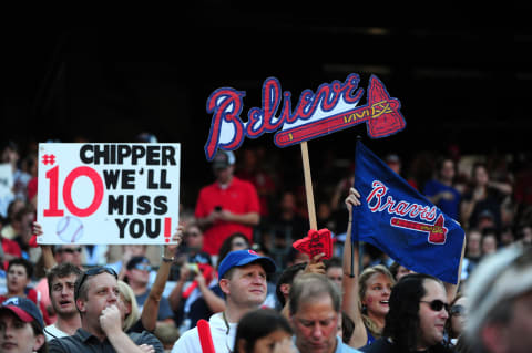 ATLANTA, GA – OCTOBER 5: Fans of the Atlanta Braves show their support against the St. Louis Cardinals during the National League Wild Card Game at Turner Field on October 5, 2012 in Atlanta, Georgia. (Photo by Scott Cunningham/Getty Images)