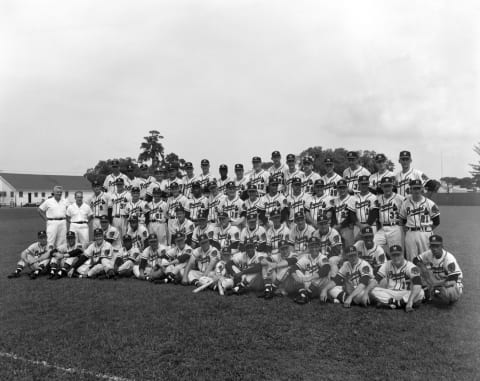 At Spring Training: your 1957 Milwaukee Braves…. 9 years before becoming the Atlanta Braves (Photo by: Kidwiler Collection/Diamond Images/Getty Images)