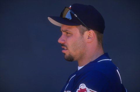 25 Jun 1998: Jim Leyritz #13 of the San Diego Padres looks on during an interleague game against the Seattle Mariners at Qualcomm Stadium in San Diego, California. The Padres defeated the Mariners 2-0. Mandatory Credit: Todd Warshaw /Allsport