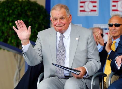 COOPERSTOWN, NY – JULY 27: Inductee Bobby Cox waves after his speech at Clark Sports Center during the Baseball Hall of Fame induction ceremony on July 27, 2014 in Cooperstown, New York. Cox managed for 29 seasons with 2,504 victories and won five National League pennants and the 1995 World Series with the Atlanta Braves. (Photo by Jim McIsaac/Getty Images)