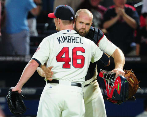 ATLANTA, GA – AUGUST 17: Craig Kimbrel #46 and Evan Gattis #24 of the Atlanta Braves celebrate after the game against the Oakland Athletics at Turner Field on August 17, 2014 in Atlanta, Georgia. (Photo by Scott Cunningham/Getty Images)