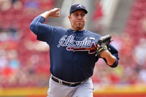 CINCINNATI, OH – AUGUST 24: Aaron Harang #34 of the Atlanta Braves on August 24, 2014 in Cincinnati, Ohio. (Photo by Jamie Sabau/Getty Images)