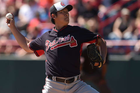 VIERA, FL – MARCH 09: Chien-Ming Wang #30 of the Atlanta Braves throws a pitch during the fourth inning of a spring training game against the Washington on March 9, 2015 in Viera, Florida. (Photo by Stacy Revere/Getty Images)