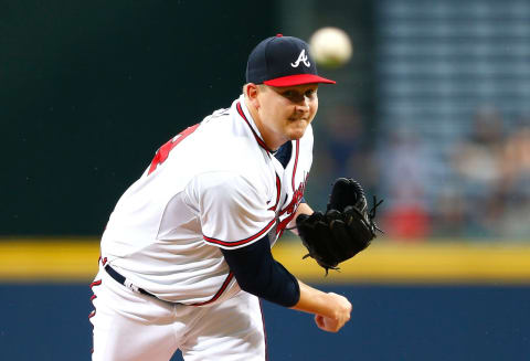 ATLANTA, GA – APRIL 14: Trevor Cahill #34 of the Atlanta Braves pitches in the first inning to the Miami Marlins during his Braves debut at Turner Field on April 14, 2015 in Atlanta, Georgia. (Photo by Kevin C. Cox/Getty Images)