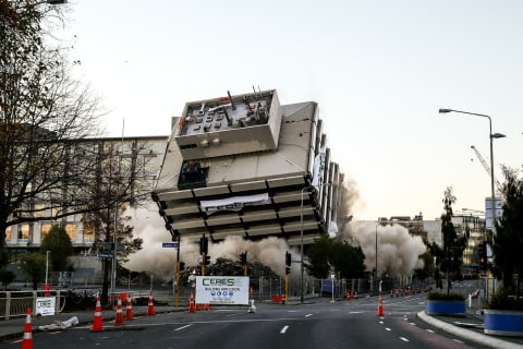 CHRISTCHURCH, NEW ZEALAND – MAY 31: The Christchurch Central Police Station is imploded on May 31, 2015 in Christchurch, New Zealand due to the structural damage it endured from the 2011 Canterbury earthquakes. (Photo by Martin Hunter/Getty Images)