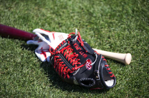 LAKE BUENA VISTA, FL – MARCH 03: The glove, batting gloves, and bat of Matt Lipka #86 of the Atlanta Braves it on the field before the game against the New York Mets on March, 3 2014 in Lake Buena Vista, Florida. (Photo by Rob Foldy/Getty Images)