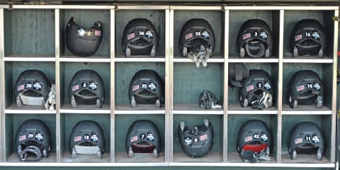 OMAHA, NE – JUNE 22: A general view of Vanderbilt batting helmets at TD Ameritrade Park before game one of the College World Series Championship Series between the Vanderbilt Commodores and the Virginia Cavaliers on June 22, 2015 at in Omaha, Nebraska. (Photo by Peter Aiken/Getty Images)