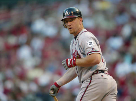 ST. LOUIS – MAY 11: J.D. Drew #7 of the Atlanta Braves drops the bat during the game against the St. Louis Cardinals on May 11, 2004 at Busch Stadium in St. Louis, Missouri. The Cardinals won 5-1. (Photo by Elsa/Getty Images)