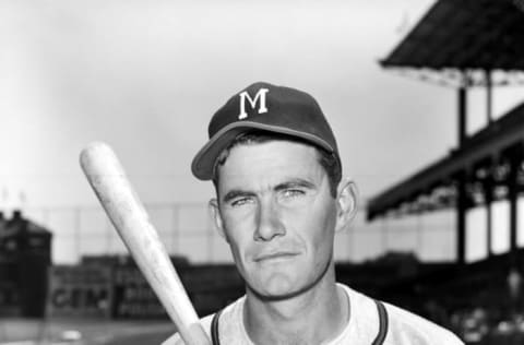 1953 – First baseman Joe Adcock of the Milwaukee Braves at Ebbets Field in Brooklyn. (Photo by: Kidwiler Collection/Diamond Images/Getty Images)