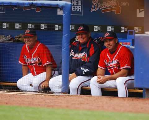 Atlanta Braves Leo Mazzone, Bobby Cox, and Fredi Gonzalez in 2005. (Photo by Scott Cunningham/Getty Images)