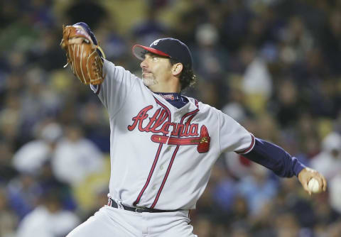 LOS ANGELES – APRIL 5: Mike Remlinger #36 of the Atlanta Braves pitches against the Los Angeles Dodgers on April 5, 2006 at Dodger Stadium in Los Angeles, California. (Photo by Lisa Blumenfeld/Getty Images)